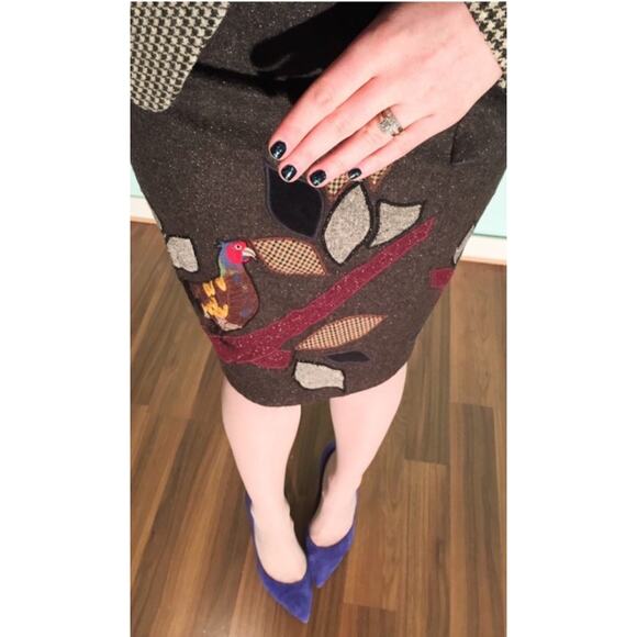 Vtg Anthropologie 6 Floreat Wool Pencil Skirt Bird Embroidered Dark Academia - Picture 7 of 13